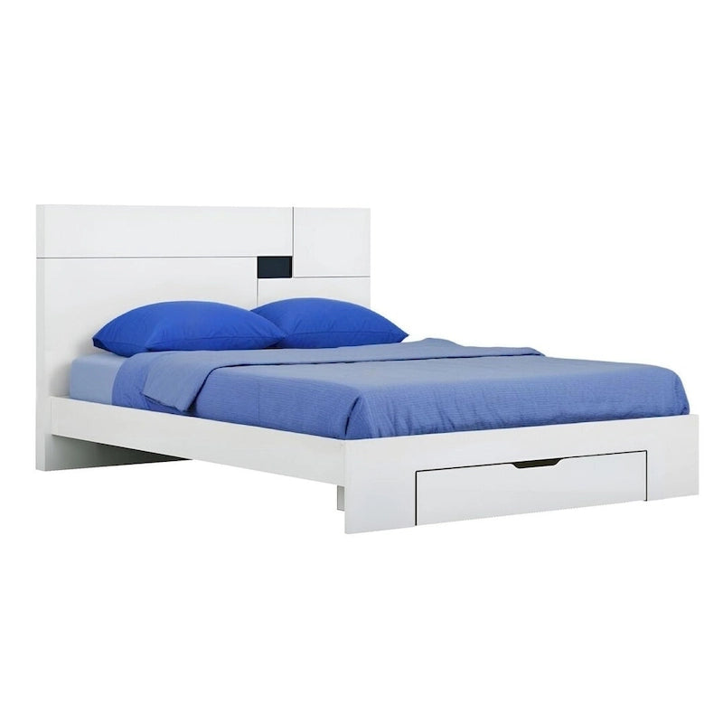 Cadre de lit plateforme king en bois blanc avec tiroir de rangement