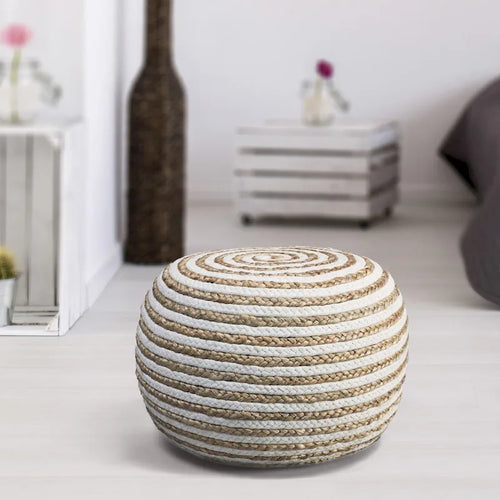Pouf ottoman rond tricoté main bicolore marron clair et blanc de 20 po