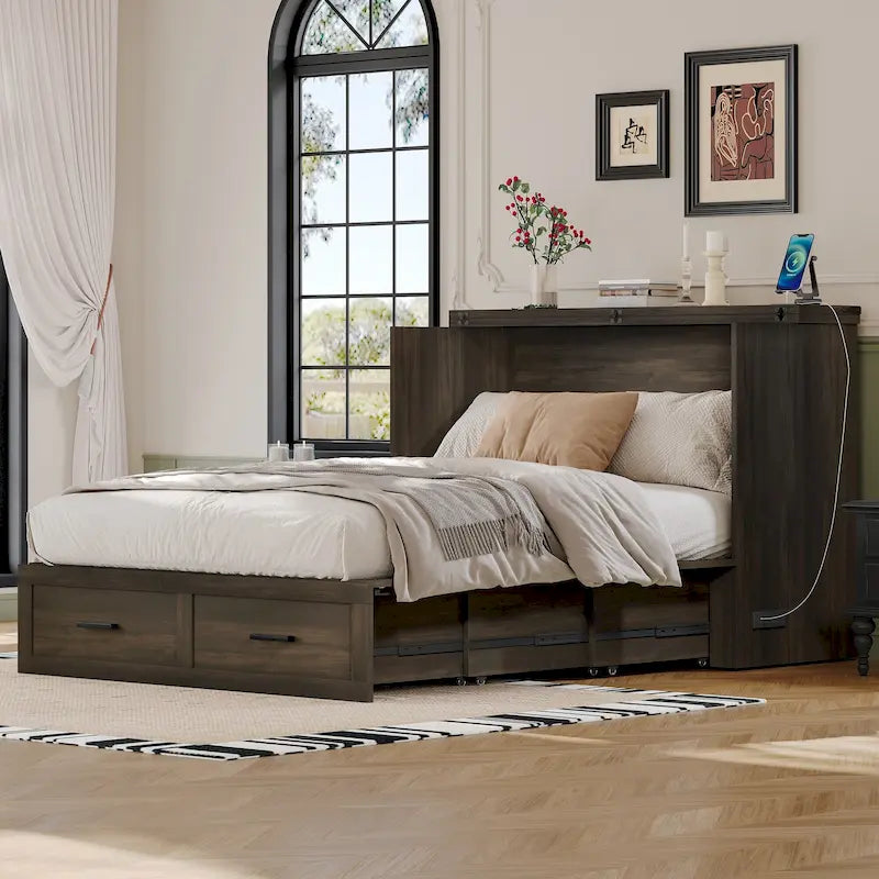 Lit escamotable pliant en bois avec grand tiroir de rangement sous le lit et prises électriques et ports USB latéraux