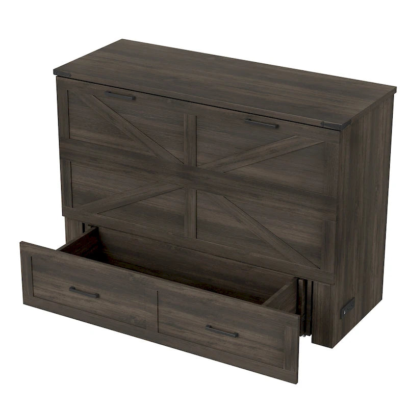 Lit escamotable pliant en bois avec grand tiroir de rangement sous le lit et prises électriques et ports USB latéraux