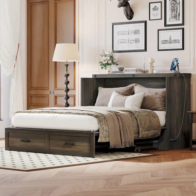 Lit escamotable pliant en bois avec grand tiroir de rangement sous le lit et prises électriques et ports USB latéraux