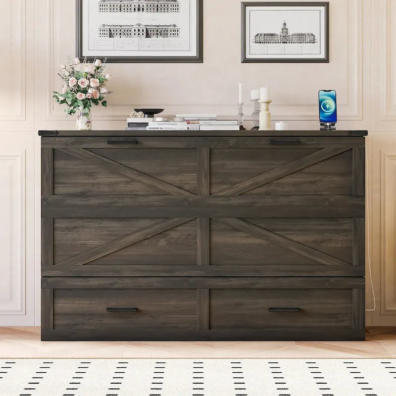 Lit escamotable pliant en bois avec grand tiroir de rangement sous le lit et prises électriques et ports USB latéraux