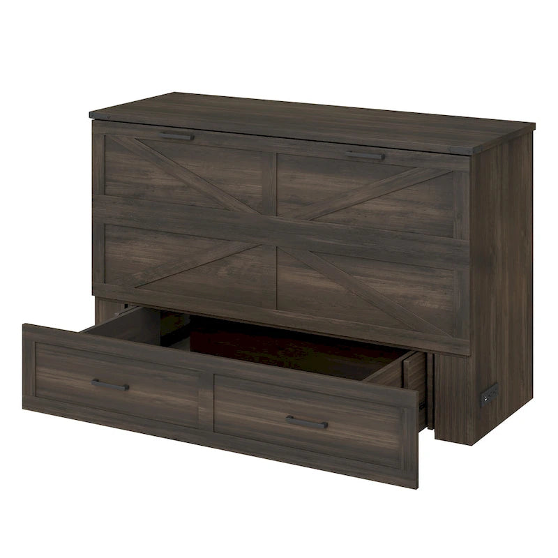 Lit escamotable pliant en bois avec grand tiroir de rangement sous le lit et prises électriques et ports USB latéraux