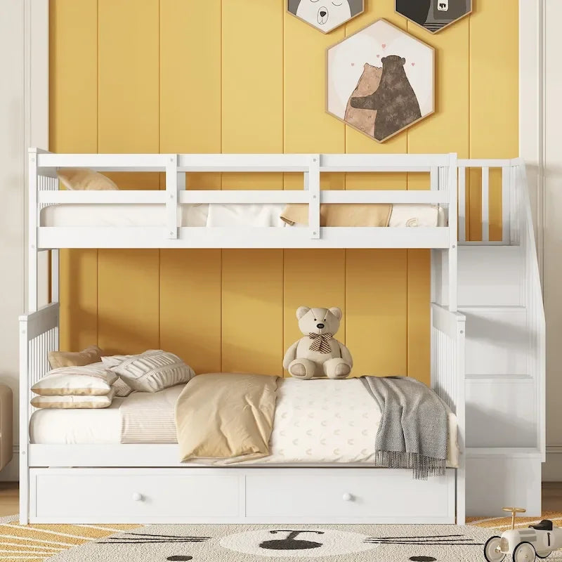 Lit superposé double sur grand format avec lit gigogne double, rangement et barrière de sécurité pour chambre, dortoir, pour adultes, blanc
