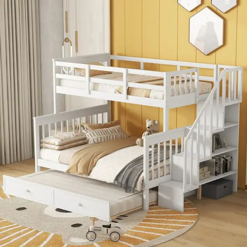 Lit superposé double sur grand format avec lit gigogne double, rangement et barrière de sécurité pour chambre, dortoir, pour adultes, blanc