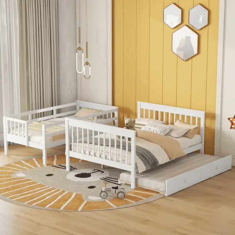Lit superposé double sur grand format avec lit gigogne double, rangement et barrière de sécurité pour chambre, dortoir, pour adultes, blanc