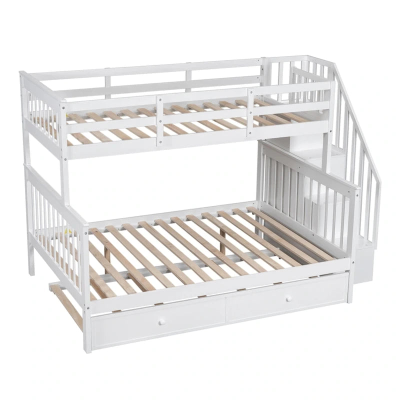 Lit superposé double sur grand format avec lit gigogne double, rangement et barrière de sécurité pour chambre, dortoir, pour adultes, blanc