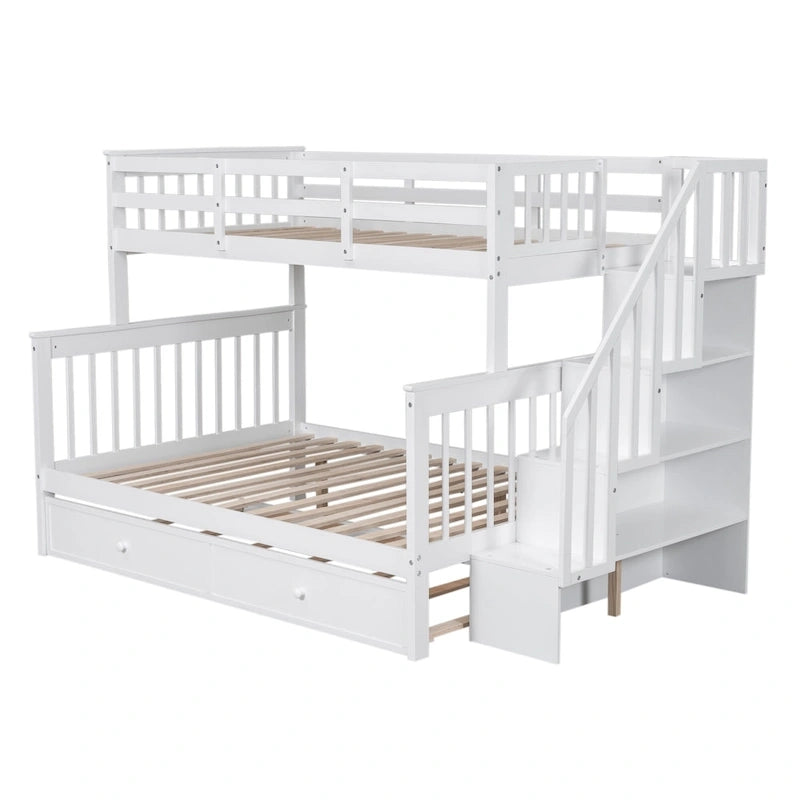 Lit superposé double sur grand format avec lit gigogne double, rangement et barrière de sécurité pour chambre, dortoir, pour adultes, blanc