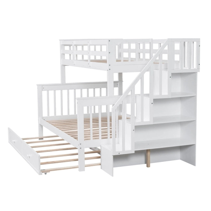 Lit superposé double sur grand format avec lit gigogne double, rangement et barrière de sécurité pour chambre, dortoir, pour adultes, blanc
