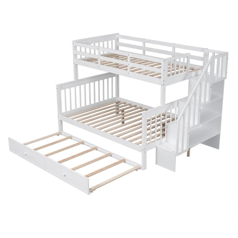 Lit superposé double sur grand format avec lit gigogne double, rangement et barrière de sécurité pour chambre, dortoir, pour adultes, blanc