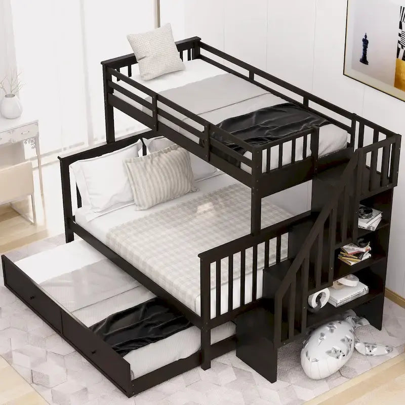 Lit superposé double sur grand format avec lit gigogne double, rangement et barrière de sécurité pour chambre, dortoir, pour adultes, blanc