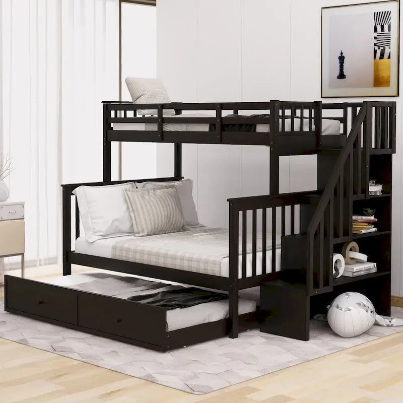Lit superposé double sur grand format avec lit gigogne double, rangement et barrière de sécurité pour chambre, dortoir, pour adultes, blanc
