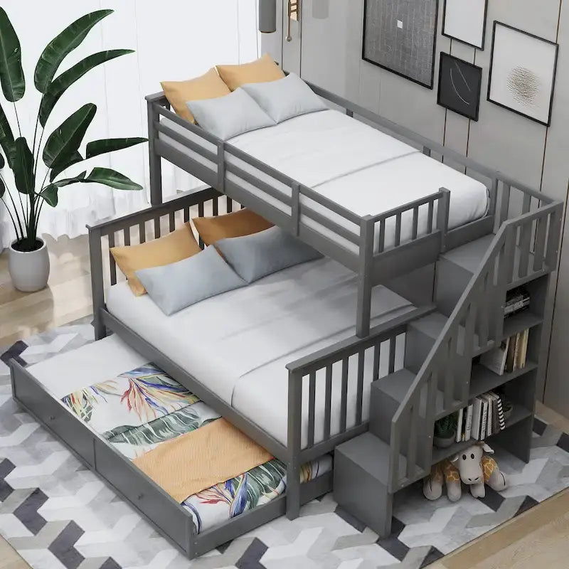 Lit superposé double sur grand format avec lit gigogne double, rangement et barrière de sécurité pour chambre, dortoir, pour adultes, blanc