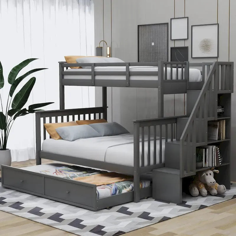 Lit superposé double sur grand format avec lit gigogne double, rangement et barrière de sécurité pour chambre, dortoir, pour adultes, blanc