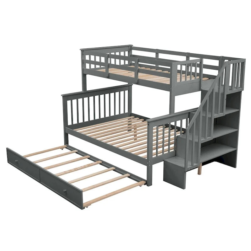 Lit superposé double sur grand format avec lit gigogne double, rangement et barrière de sécurité pour chambre, dortoir, pour adultes, blanc