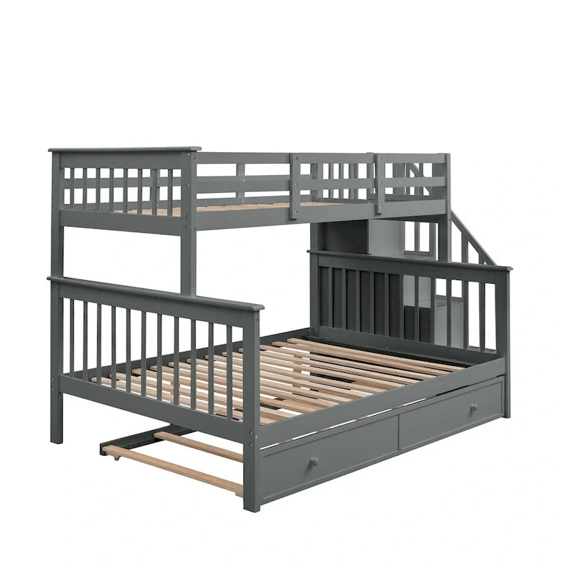 Lit superposé double sur grand format avec lit gigogne double, rangement et barrière de sécurité pour chambre, dortoir, pour adultes, blanc