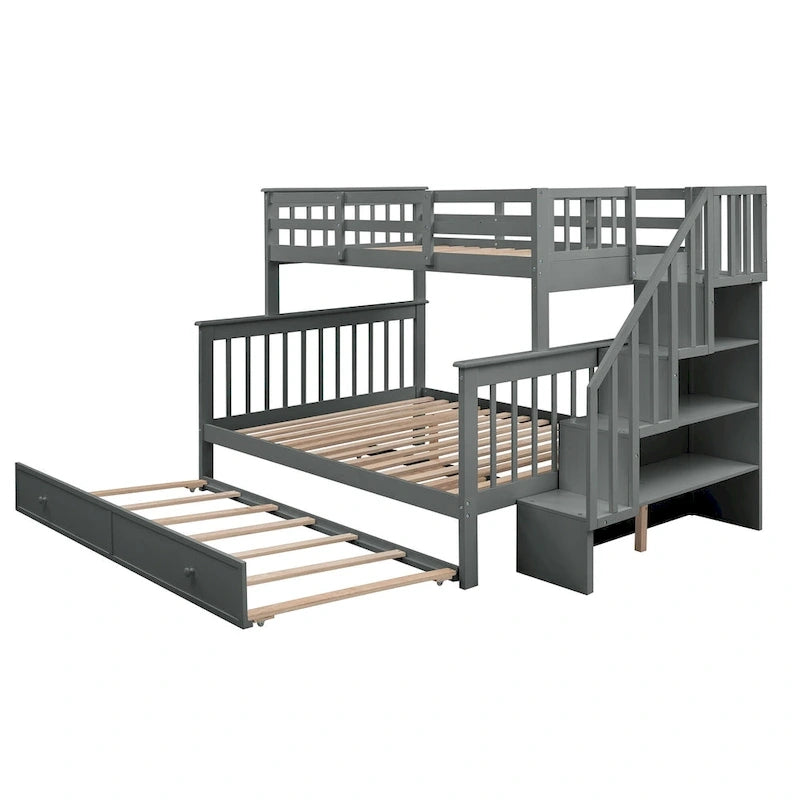 Lit superposé double sur grand format avec lit gigogne double, rangement et barrière de sécurité pour chambre, dortoir, pour adultes, blanc
