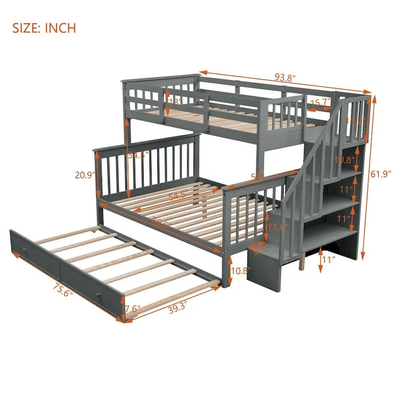 Lit superposé double sur grand format avec lit gigogne double, rangement et barrière de sécurité pour chambre, dortoir, pour adultes, blanc
