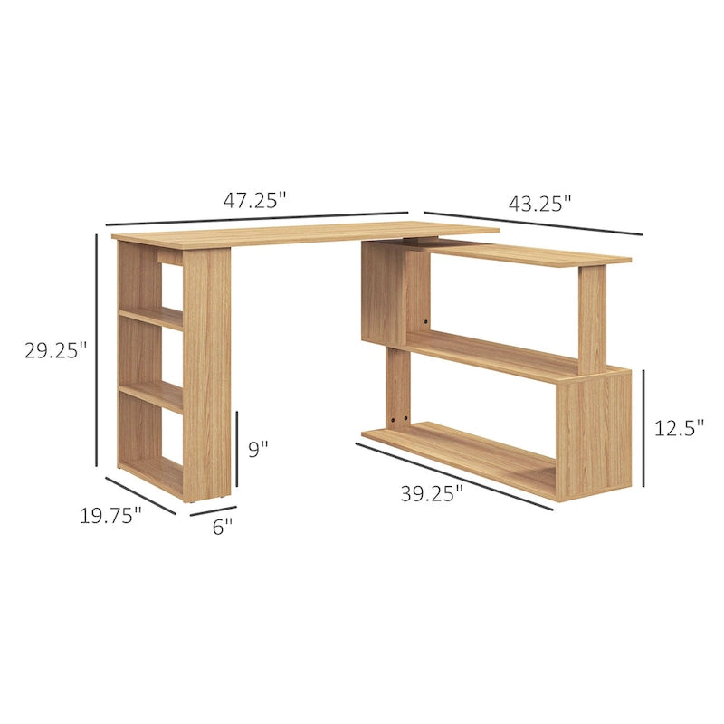 Bureau d'angle en L, bureau à domicile rotatif à 360 degrés avec étagères de rangement