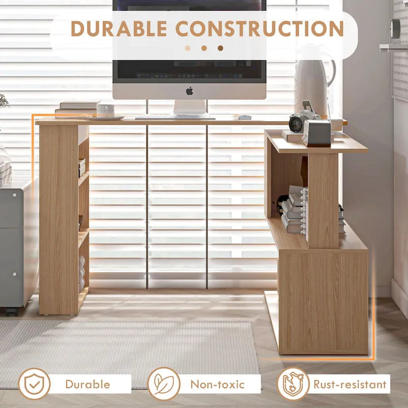 Bureau d'angle en L, bureau à domicile rotatif à 360 degrés avec étagères de rangement