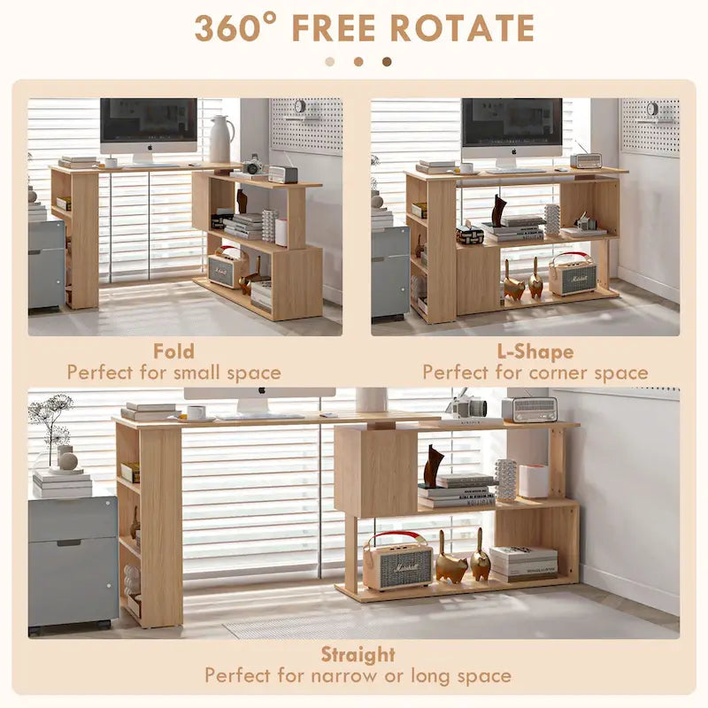 Bureau d'angle en L, bureau à domicile rotatif à 360 degrés avec étagères de rangement