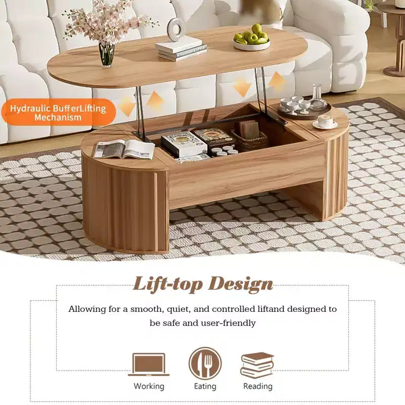 Table basse relevable de 120 cm, table centrale ovale en bois avec rangement caché, table basse moderne pour salon, chambre, bureau