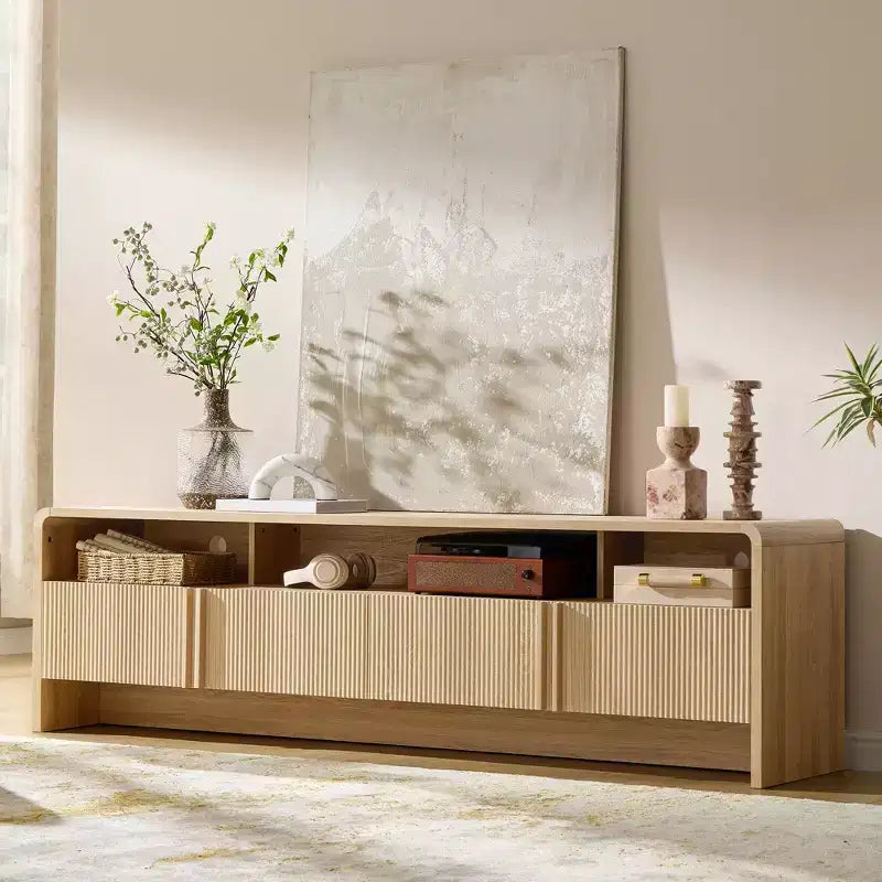 Meuble TV moderne AMERLIFE 70 avec design cannelé et armoires de rangement, pour téléviseurs jusqu'à 80 pouces, meuble TV en bois pour salon