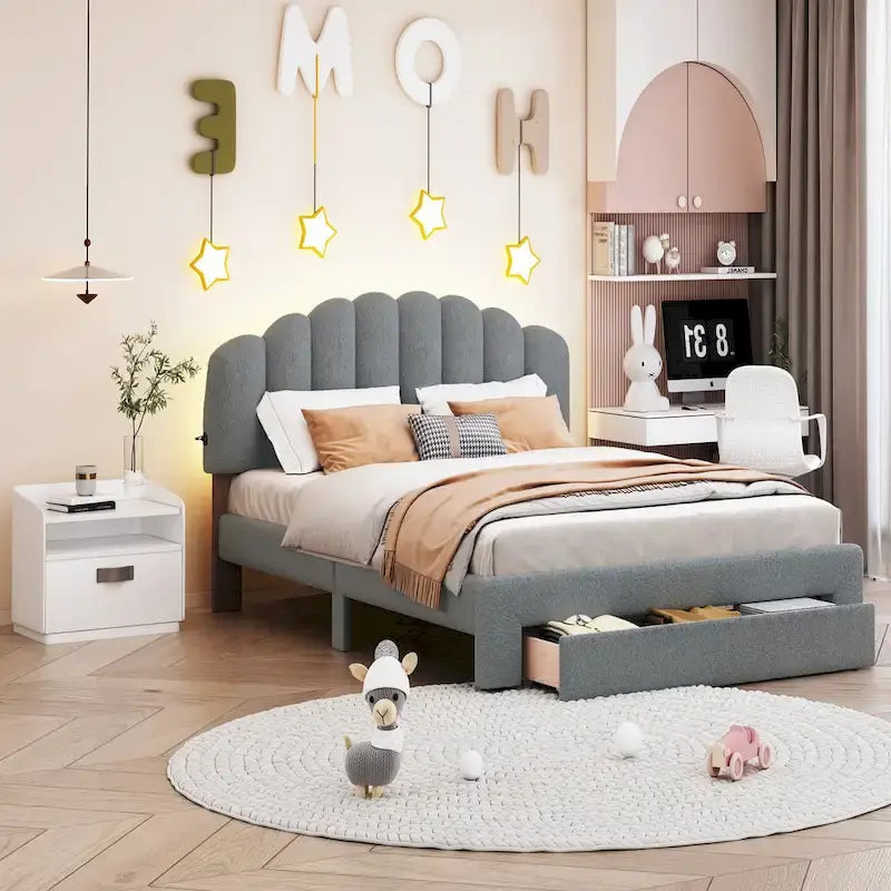 Teddy Fleece Queen Size Upholstered Platform Bed with Drawer