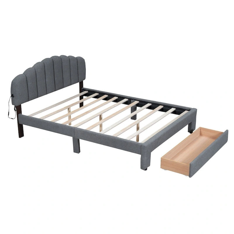 Lit plateforme tapissé de taille Queen avec tiroir