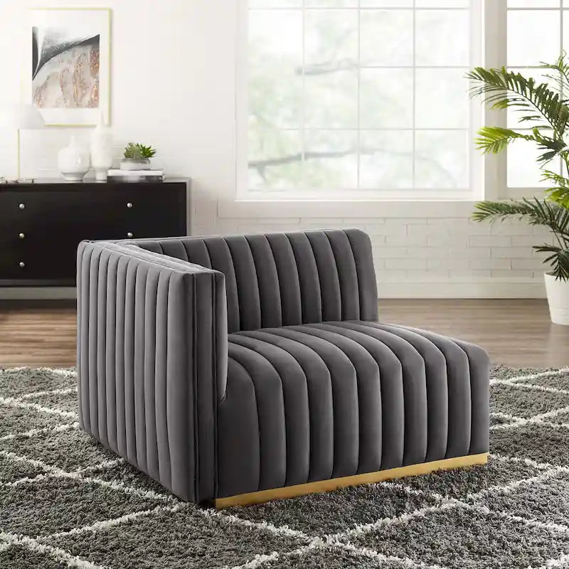 Fauteuil d'angle gauche en velours de performance capitonné Channel