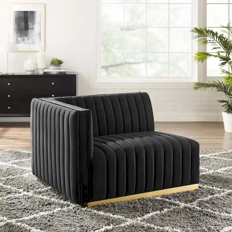 Fauteuil d'angle gauche en velours de performance capitonné Channel
