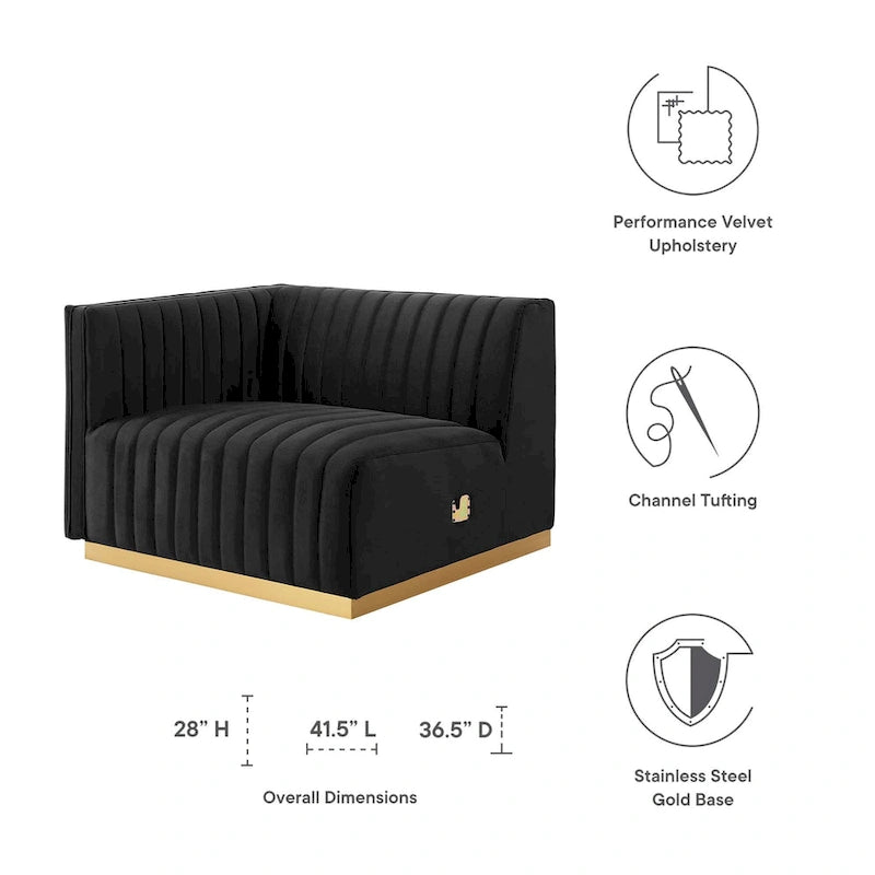 Fauteuil d'angle gauche en velours de performance capitonné Channel