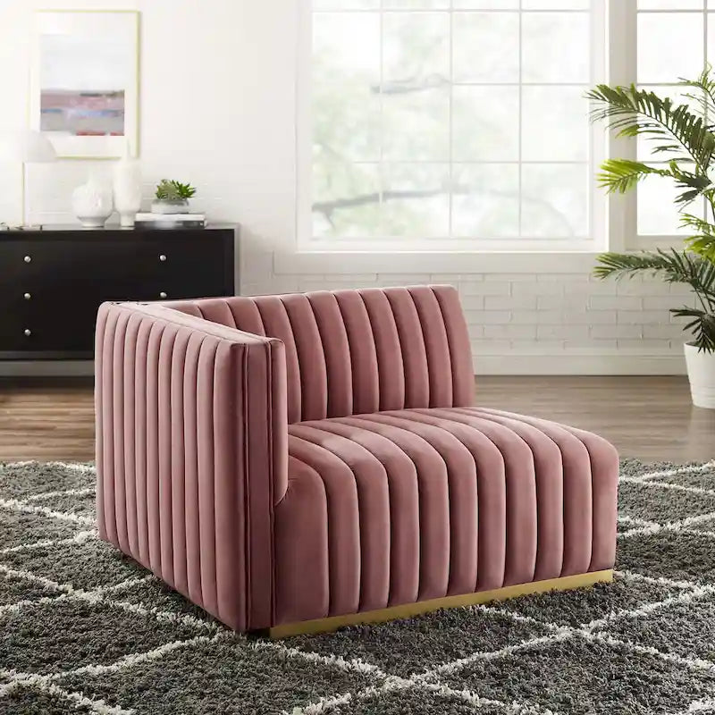 Fauteuil d'angle gauche en velours de performance capitonné Channel