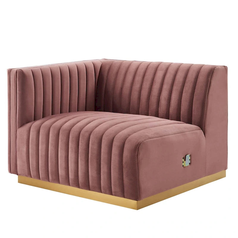Fauteuil d'angle gauche en velours de performance capitonné Channel
