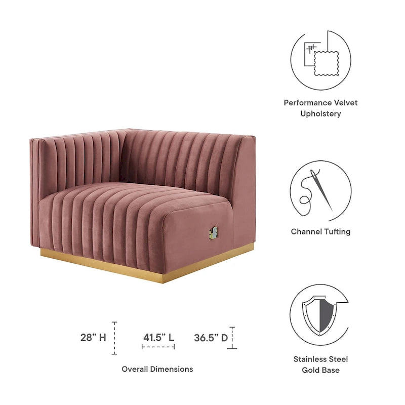 Fauteuil d'angle gauche en velours de performance capitonné Channel