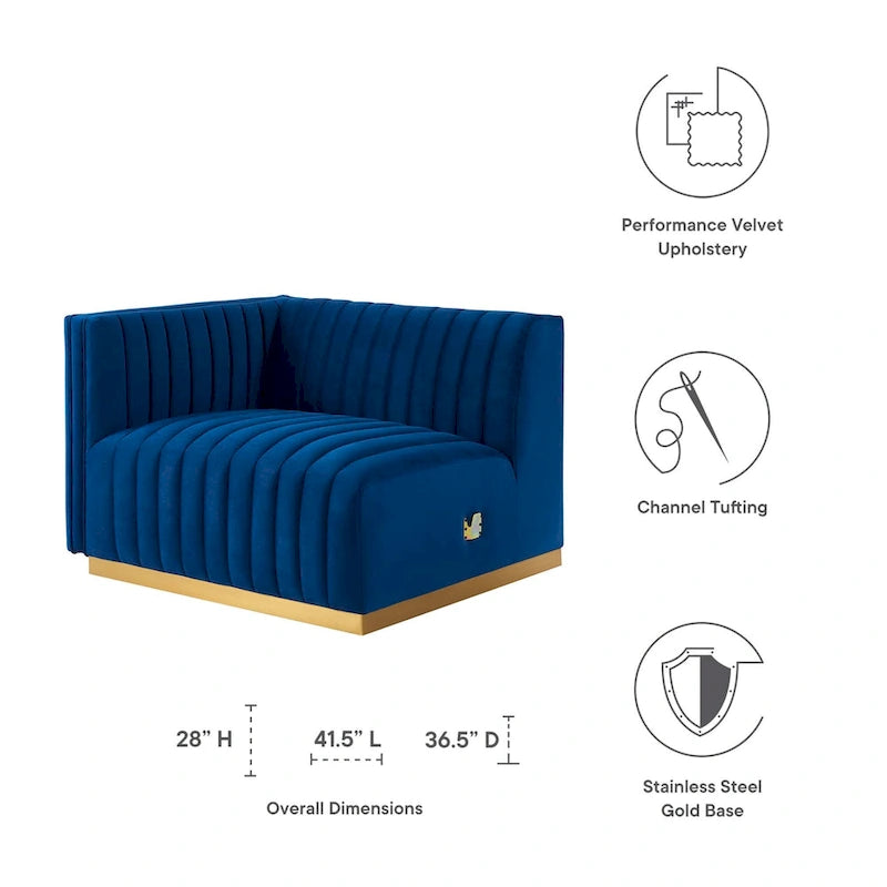 Fauteuil d'angle gauche en velours de performance capitonné Channel