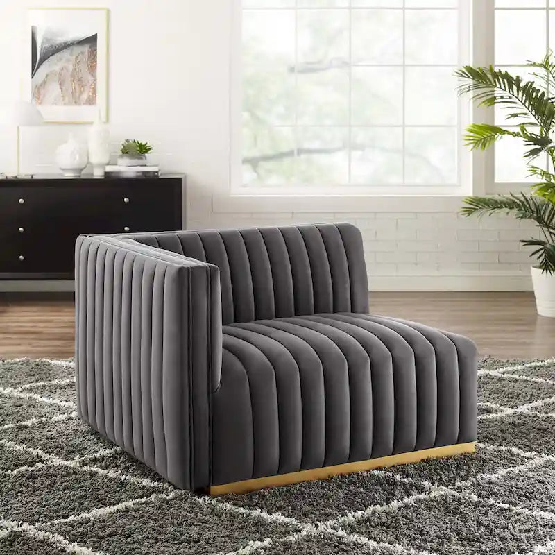 Fauteuil d'angle gauche en velours de performance capitonné Channel