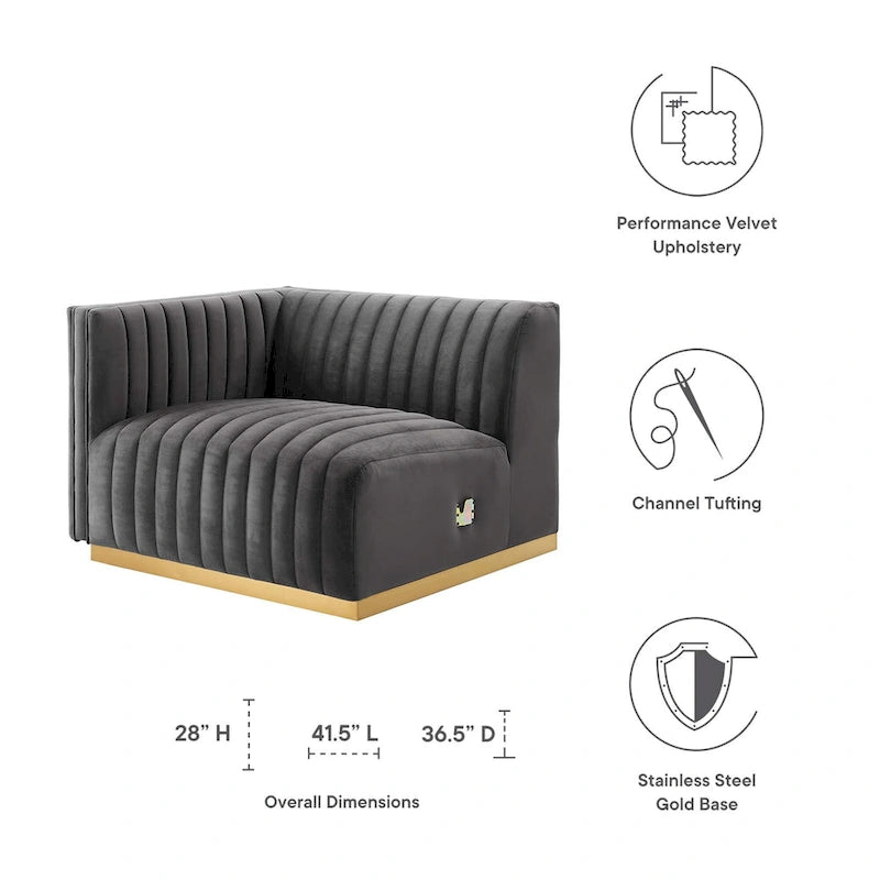 Fauteuil d'angle gauche en velours de performance capitonné Channel
