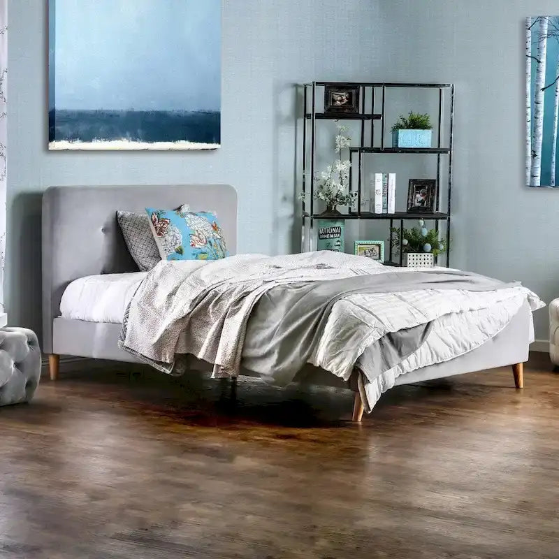 Lit plateforme en tissu Queen de style moderne du milieu du siècle
