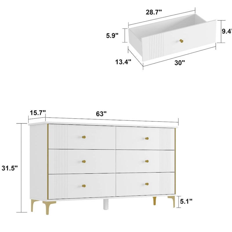 Commode à 6 tiroirs Commode moderne blanche Commode de rangement en bois