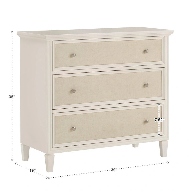 Commode à façade de tiroir en lin beige au fini blanc par Classic