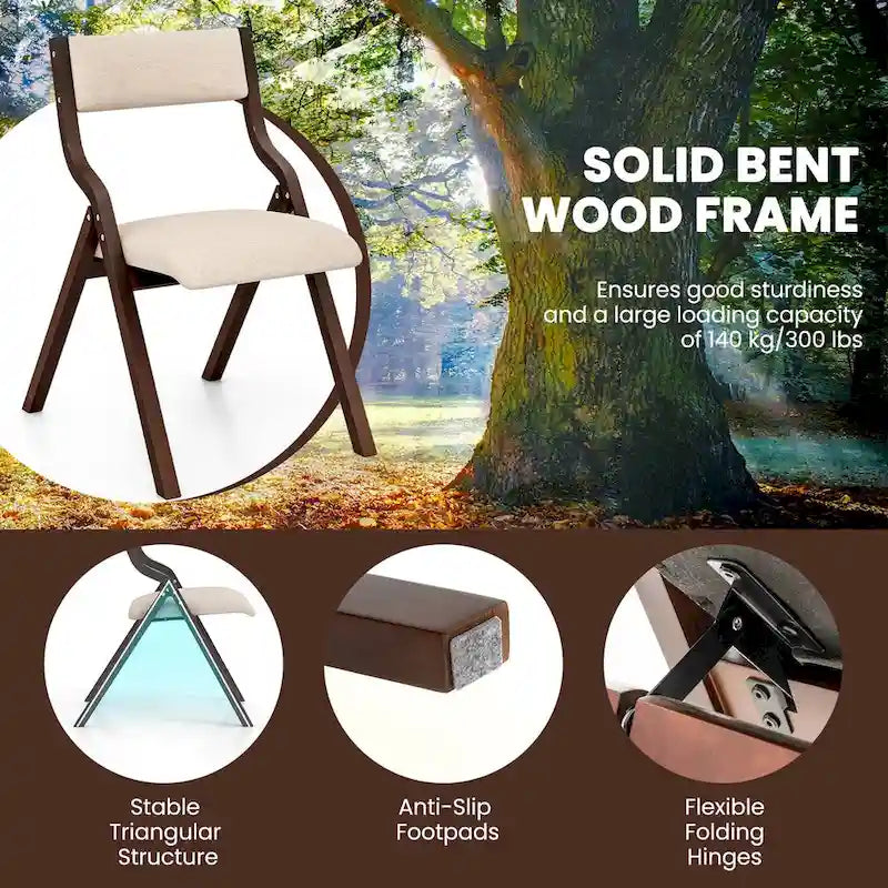 2 chaises de salle à manger pliantes en bois avec assise rembourrée en tissu lin