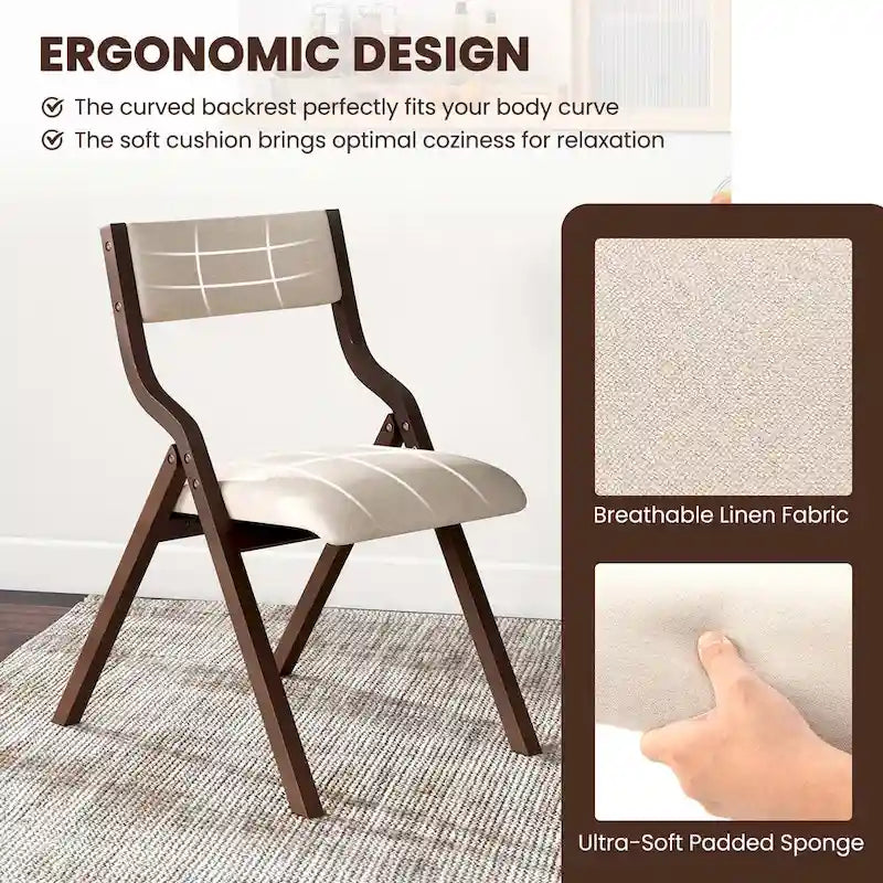 2 chaises de salle à manger pliantes en bois avec assise rembourrée en tissu lin