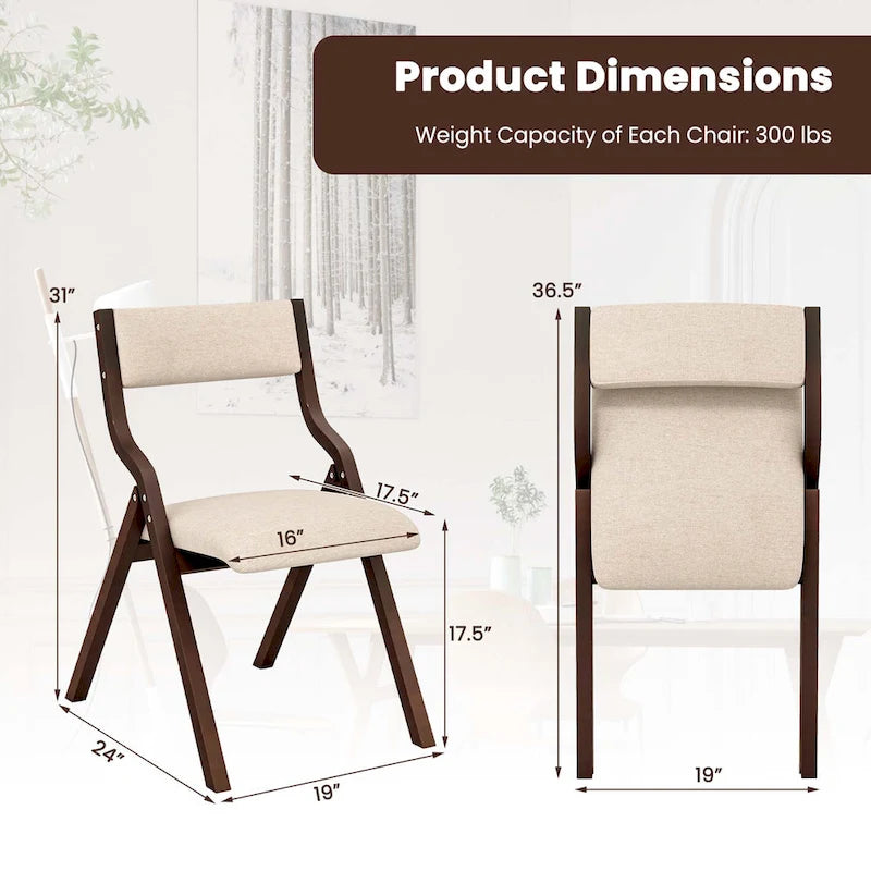 2 chaises de salle à manger pliantes en bois avec assise rembourrée en tissu lin