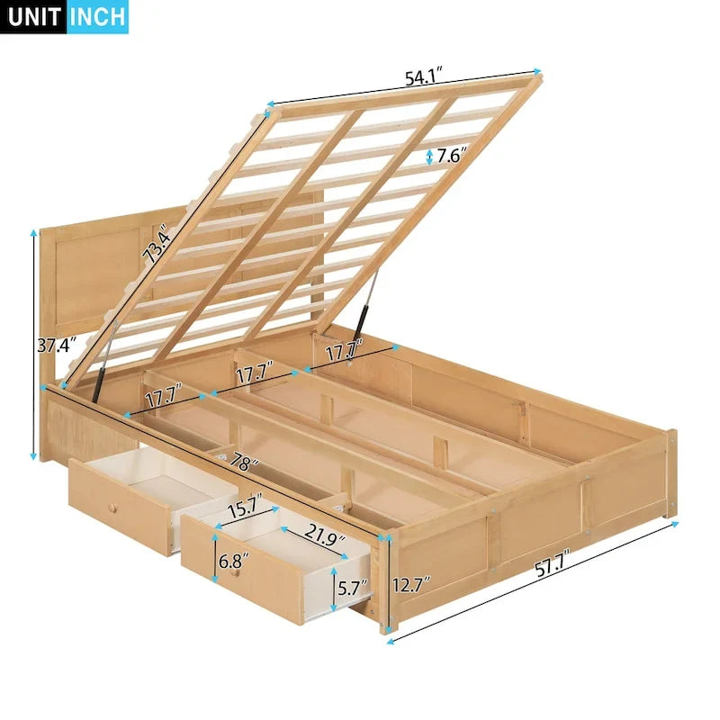 Lit plateforme en bois avec rangement intégré et 2 tiroirs