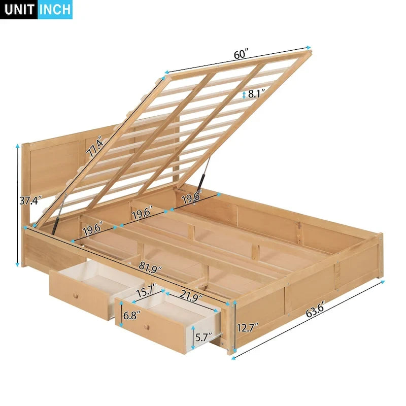 Lit plateforme en bois avec rangement intégré et 2 tiroirs