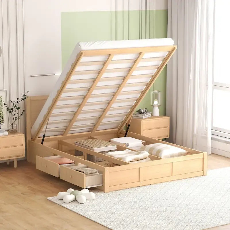 Lit plateforme en bois avec rangement intégré et 2 tiroirs