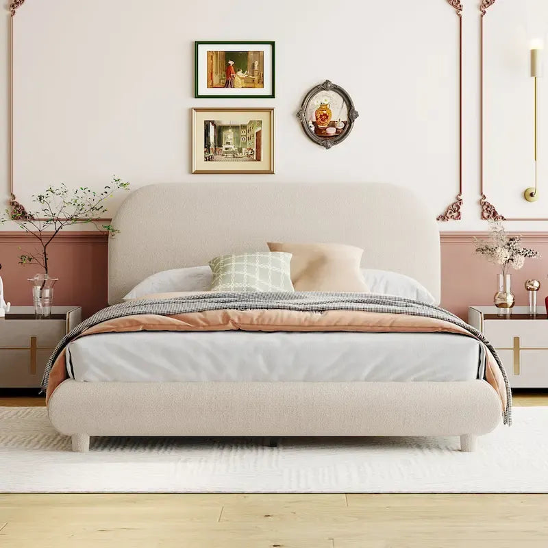 Lit plateforme rembourré pleine grandeur avec tissu épais, cadre solide et design élégant en forme de courbe, beige