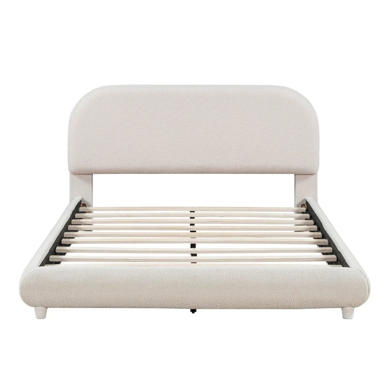 Lit plateforme rembourré pleine grandeur avec tissu épais, cadre solide et design élégant en forme de courbe, beige
