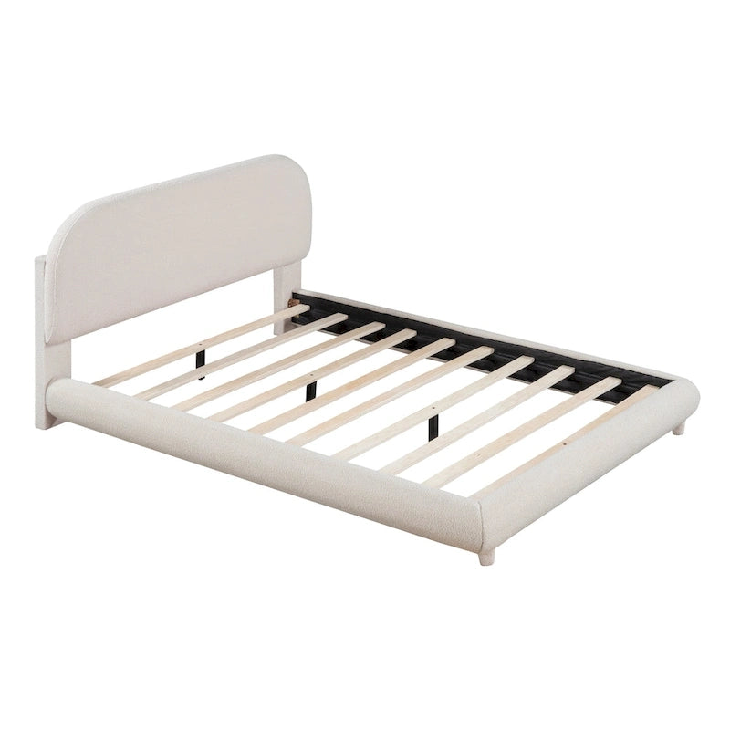 Lit plateforme rembourré pleine grandeur avec tissu épais, cadre solide et design élégant en forme de courbe, beige